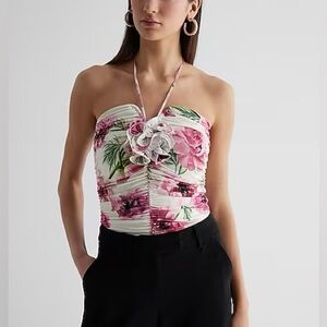 Express Body Contour Floral Halter Rosette Bodysuit